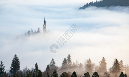 反射观光目的地清晨与小岛上的玛利亚占居地朝圣教堂和山崩中的布莱德城堡和朱力安阿尔卑斯一起雾密的弥漫之夜图片