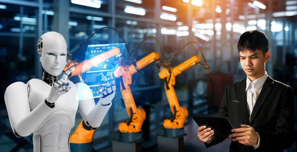 机械化工业器人与类工在未来厂中协同作业革命和自动化制造过程的人工智能概念机械化工业器人和类工在未来厂中协同作部件聪明的成功图片