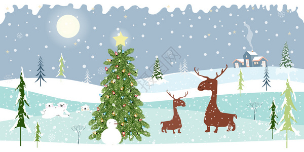 冰年轻的快乐奇幻之地冬季风景山丘落雪圣诞树人北极熊家庭妈和儿子驯鹿圣诞快乐和新年背景图片