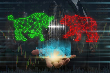 图表数据曼谷Businessmanhand持有公牛和熊多边形的Bull和Bear两手双接触用线条和点对证券市场交换信息和城市背景图片