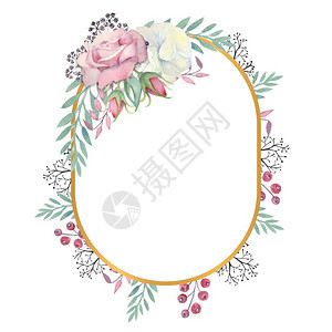 白玫瑰和粉红花朵绿叶果子在金奥瓦尔框中的浆果与花朵结合的婚礼概念水彩装饰贺卡或邀请函的布料白玫瑰和粉红花金黄色圆木框架中的浆果水图片