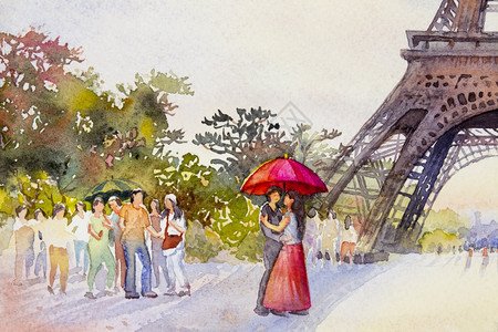 法国艾菲尔塔和情侣男人女伞红色花园树水彩画图婚礼情人节贺华丽的绘画喜悦牌城市插图图片