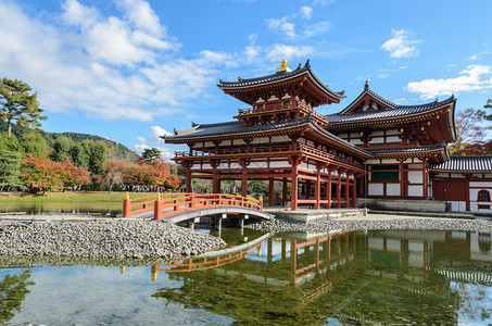 日本京都道府Uji市佛教寺庙Byodoin寺庙中秋色的凤凰堂美丽建筑是日本京都县Uji城佛教寺庙徒门枫图片