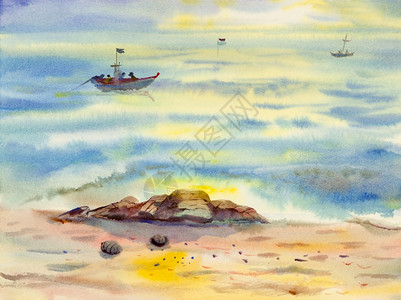 航海的地平线景水彩原始画由渔船家族的色彩多以黄光和天云底色反视水与情感热带图片