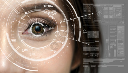 视觉的女士亚洲妇具有未来的远见数字技术在视觉背景上对眼睛进行透视安全以及进入监控和隐蔽概念中的指挥能力亚洲妇女成为未来展望数字技图片
