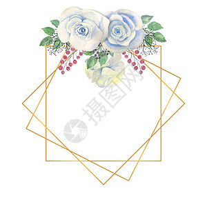 牌优质的插图蓝色玫瑰花绿叶金色几何框架中的浆果婚礼概念与鲜花用于装饰贺卡或请柬的水彩组合物蓝色玫瑰花金几何框架中的浆果与鲜花婚礼图片