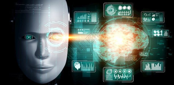 机器人类面对的图形概念接近于大数据分析的图形概念通过AI思考大脑人工智能和机器学习过程第四轮工业革命3D使机器人类面临大数据分析图片