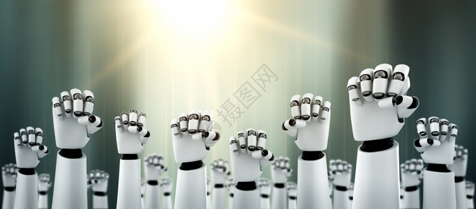 机器人形举手庆祝通过使用AI人工智能思维和机器学习过程为第四次工业革命3D插图取得的成功第4名艾智力图片