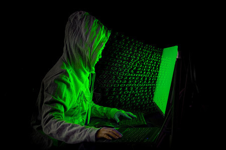 软件女黑客闯入数据服务器在其藏身处感染系统有深的氛围女士戴上双轨码背景笔记本电脑马拉威概念Malware男人勒索软件图片