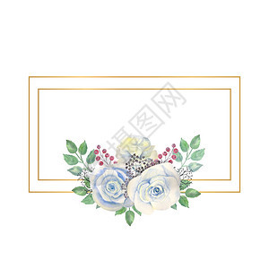 几何的玫瑰花绿叶金色几何矩形框架中的浆果与鲜花婚礼概念用于装饰贺卡或请柬的水彩作品玫瑰花金矩形框架中的浆果用于装饰的水彩背景图片