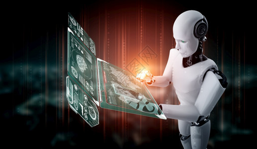 投资移动的人形机器使用手或平板电脑进行大数据分析使用AI思维大脑人工智能和机器学习过程进行第四次工业革命3D渲染机器人形使用手或图片