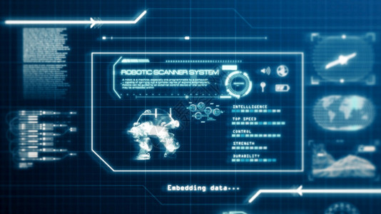 HUD机器人扫描系统能力用户界面计算机屏幕显示其像素背景蓝色抽象全息技术概念Scifi3D图解形化设计全息象的科学图片