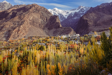 范围叶子和平巴基斯坦KalimabadGilgitBaltistan在Hunza山谷的秋天场景当时看到山上的Baltit堡和背景图片