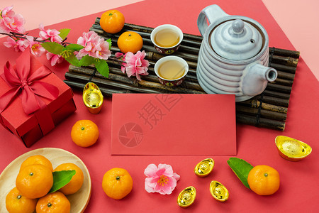 装饰风格植物群中文是指月球新年假期概念背景的丰富或幸福入场者彩票和粉红色花朵在现代壁纸上加橙色装饰品图片
