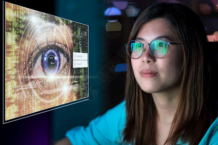 亚洲人女士商业人通过使用户名和密码的眼镜认证坐着并努力工作在场所用未来数字技术闭眼妇女视晚工概念上的概念一个图片