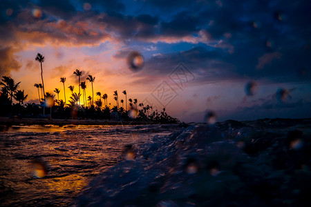 巴瓦罗采取在多米尼加勒比海滩上美丽多色日落的风景中棕榈树的PuntaCanaSilhouettes热带沙滩上美丽的黄昏日落位于多图片