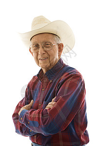 老人的肖像观众照片格子成年人微笑老年男人老年人牛仔帽双臂图片