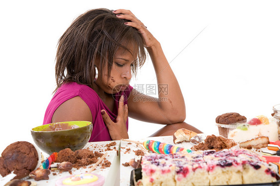 她肚子病得恶心多样性糖果女士营养女孩巧克力女性饮食食物贪婪图片