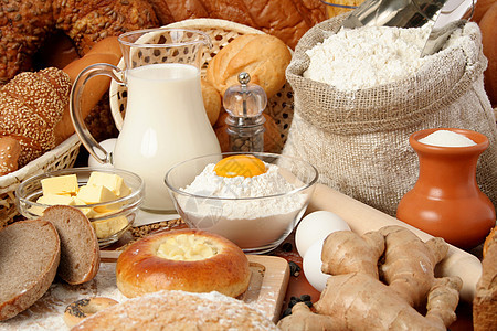 面包 面粉 牛奶 黄油 鸡蛋丁香谷物粮食食谱篮子小麦水壶厨房美食包子图片
