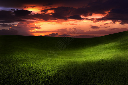 青绿草原上美丽的夕阳图片