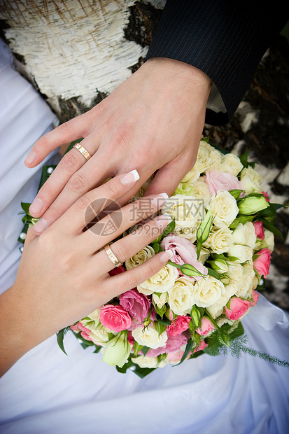 有金环和花束的手已婚刺绣蕾丝白色桦木衣服婚礼新娘珠子薄纱图片