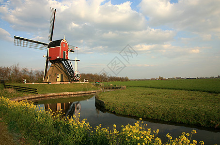 传统荷兰风车田园环保排水旅行技术运河牧场地标草地日出图片