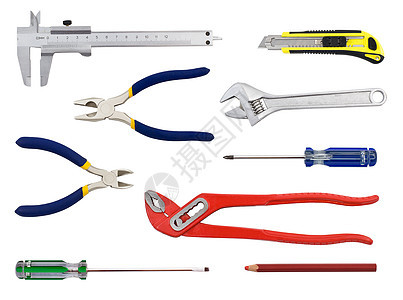 工具包套工具集测量金属硬件螺丝刀刀具机械白色扳手钳子铅笔图片