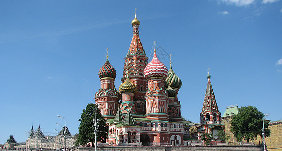 莫斯科市建筑学历史国家教会建筑物红色蓝色城市中心街道图片