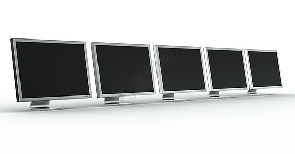 多个监视器技术电脑办公室渲染白色宽屏控制板电子薄膜屏幕图片