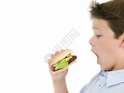 男孩吃芝士汉堡影棚男性孩子享受男生孩子们食物饮食水平微笑图片