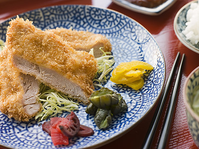 藤松和大米汤加菜豆配菜美食面包屑水平食品食物筷子盘子猪肉图片