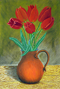 花瓶中的玫瑰艺术品墙纸花束绘画插图帆布植物群艺术红色背景图片