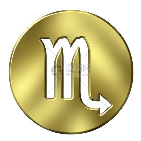 天蝎座圆形插图八字黄色金子艺术按钮金属圆圈反射图片