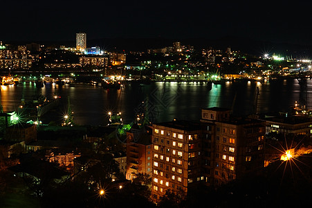 夜间城市风景海港天空蓝色星星运输码头建筑港口橙子照明图片