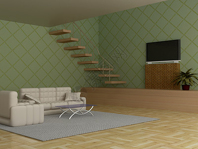 客厅内部的3D图像体积摆设桌子沙发房间住宅楼梯墙纸地面天花板图片