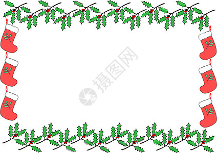 圣诞节框架短袜叶子照片红色树叶插图绿色浆果白色图片