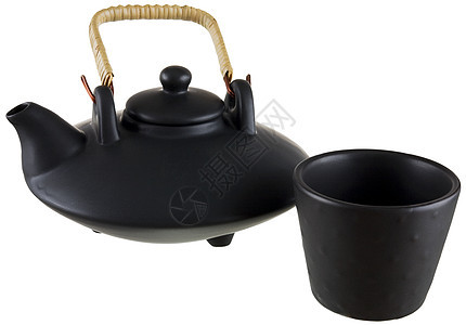 日本茶壶和杯子茶室白色陶器仪式黑色茶具瓷器背景图片
