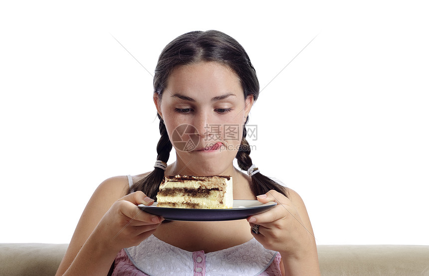 来点小吃一点女孩辫子舌头盘子生日蛋糕美丽派对黑发饮食图片