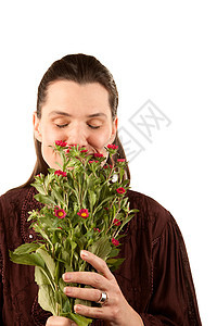 美女闻花香黑发植物花朵黄色白色粉色棕色女性植物群成人图片