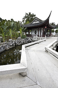 中国花园和池塘反射雕像树木花园石头凉亭园林宝塔房子岩石图片