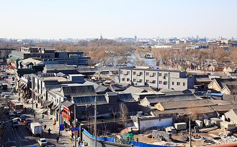 北京老城中心的空中景象公共汽车首都出租车街道房子四合院文化多样性公园历史图片