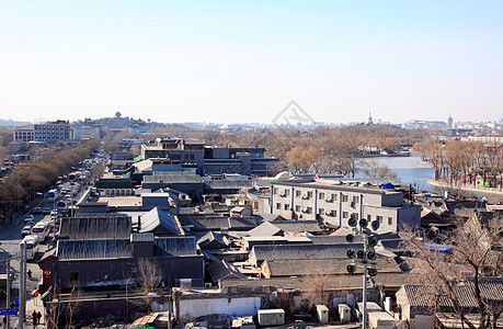 北京老城中心的空中景象中心文化多样性四合院房子出租车街道自行车公园历史图片