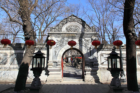 北京的宫子公公花园公园池塘文化房子狮子城市住宅历史游客图片
