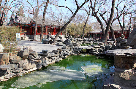北京的宫子公公王朝池塘游客公园住宅文化历史花园房子狮子图片