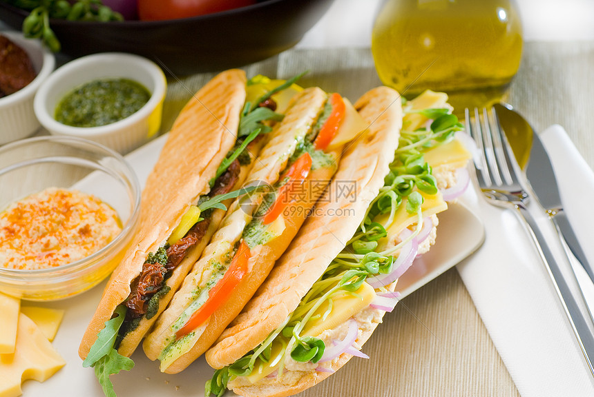 各种混杂的帕尼尼三明治饮食食物菠菜胡椒面包午餐分数树叶蔬菜叶子图片