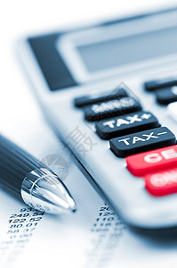 税务计算器和笔平衡数据数学财政圆珠笔账单办公室键盘电子产品商业图片