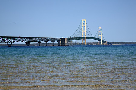 Mackinac桥天空汽车海峡卡车交通波浪电缆半岛湖泊蓝色图片