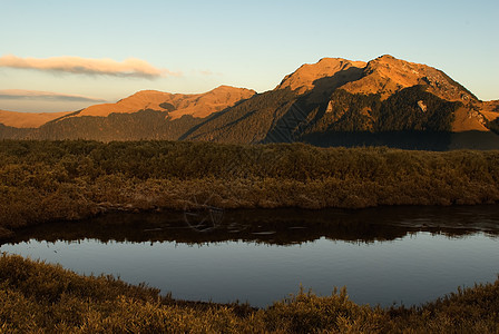 蓝天山和金色草原湖 在早晨图片