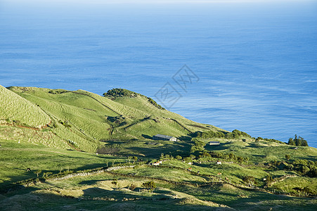 亚速尔州皮科岛土地房子海岸天空火山石头环境蓝色草地谷仓图片