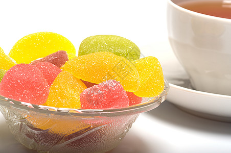 水果糖果和茶叶黄色白色饮料产品甜点绿色宏观食品飞碟食物图片
